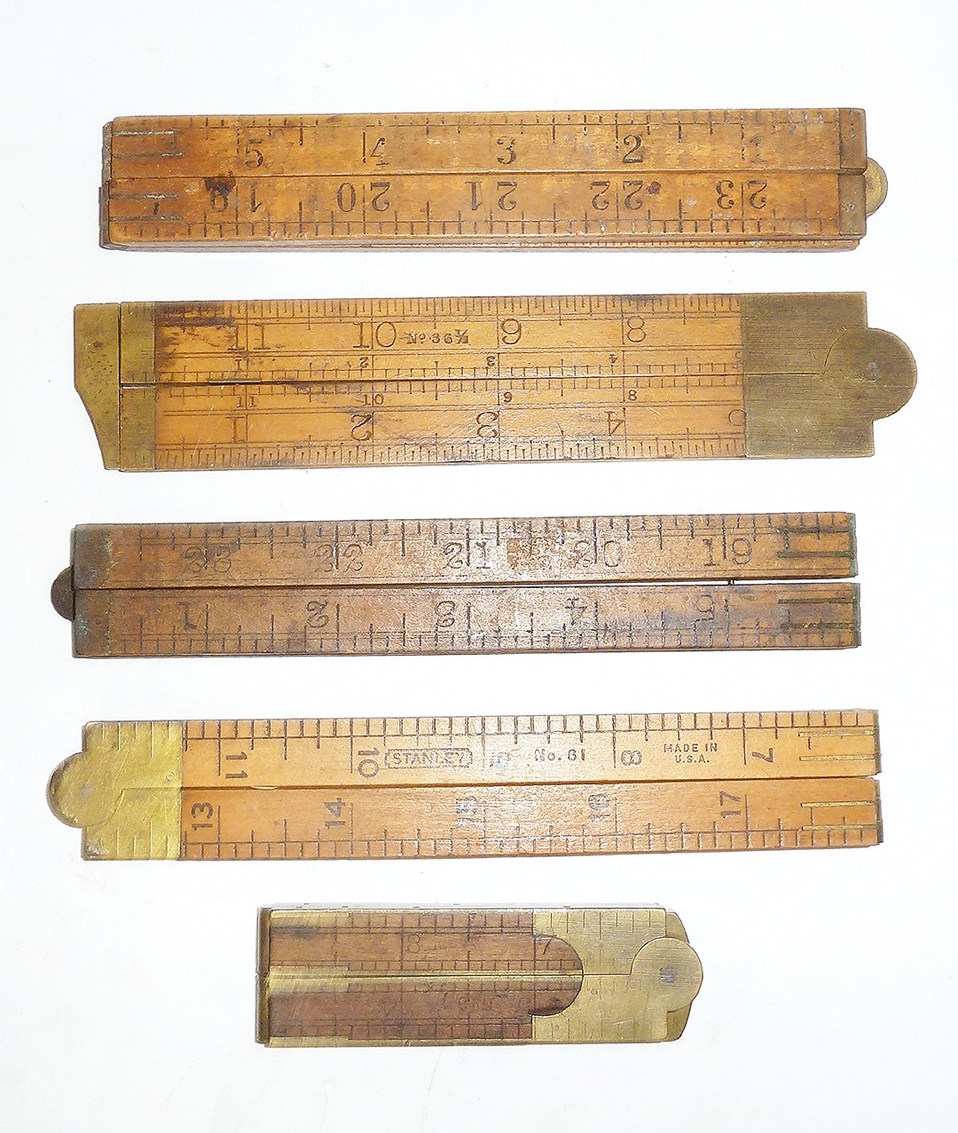 Kept Ruler (5) Vintage Stanley Wood & Brass Folding Rules, Tools #9660 ...