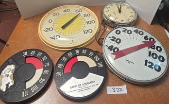 Lot Of 5 Vintage Advertising Thermometers And Wall Clock - Cooper, Hoffritz, Sunbeam And Bank Of Louisiana