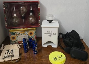New English Teas Tin, Elements Bottle Stoppers, Brew-Tea-Ful Canister & Accessories Lot