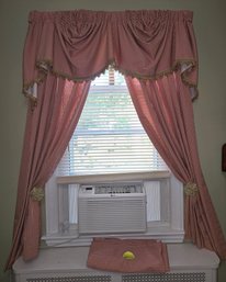 Red & White Gingham Window Treatment Set With Fringe Swag Valance, Curtain Panels & Decorative Tieback Hooks