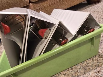 Lot Of 4 White 3-Ring View Binders With Green Plastic Storage Bin