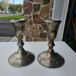 Pair Of Crown Weighted Sterling Silver Candlesticks Classic Design 4.75'H- 416 Grams