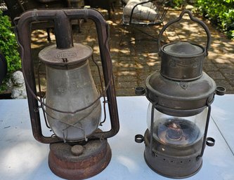 Antique Dietz Fitzall & Anchor Metal Lanterns- Vintage Railroad Style Oil Lamps- 2 Pc Lot