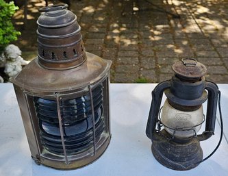 Antique Copper Ship Lantern & Vintage Dietz Lantern- Nautical Maritime Decor-  2 Pc Lot
