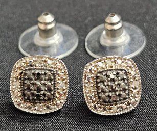 Brown & White Diamond Sterling Silver Stud Earrings Vintage 925 Halo Earrings, 2 Grams