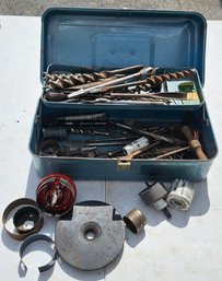 Vintage Metal Drill Bit & Hole Saw Tool Box Lot With Auger Bits, Spade Bits And Woodworking Tools