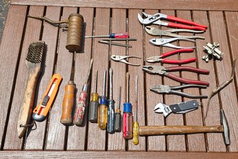 Assorted Hand Tools Lot With Metal Oil Can, Pliers, Screwdrivers, Hammer & Wire Brush