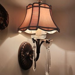 Pair Of Crystal Prism Wall Sconces With Custom Pleated Fabric Shades 18'H
