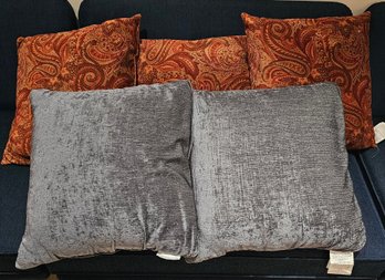 Lot Of 5 Decorative Throw Pillows  Paisley & Gray Accent Cushions Approx. 17' X 17'