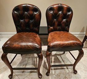 Pair Of Stanley Furniture Tufted Dining Chairs With Nailhead Trim & Cabriole Legs