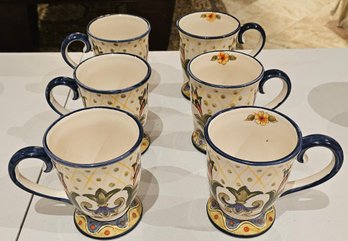 Maxcera Green Talavera Hand Painted Pedestal Coffee Mugs Floral Pottery Set Of 6