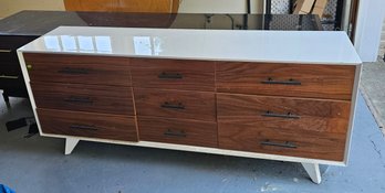 Modern 9-Drawer Walnut & White Low Dresser Credenza With Mid-Century Style