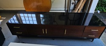 Contemporary Two-Tone Credenza Sideboard Cabinet With Gloss Black Top & Brass Tone Hardware