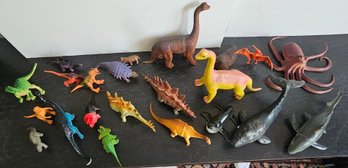 Large Lot Of Dinosaur, Marine Animal & Wildlife Toy Figures  Stegosaurus, Triceratops, Shark & Octopus