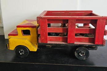 Vintage Handmade Wooden Ford Livestock Farm Truck Toy W/ Trailer & Animal Figures