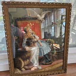 Vintage Print Of Girl, St. Bernard Dog & Cockatoo In Ornate Gold-Tone Frame 22'W X 27'H