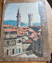 James Seeman 1953 Florence Italy Cityscape Painting On Board  Architectural Street Scene