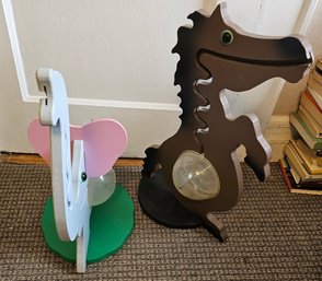 Pair Of Wooden Elephant & Horse Children's Coin Banks W/ Clear Acrylic Globes