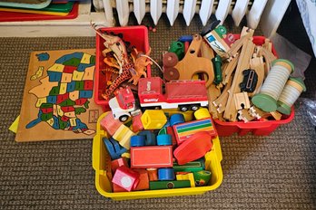 Large Lot Of Wooden Train Tracks, Getty Toy Trucks, Dinosaur Figures, USA Puzzle & Wooden Toys