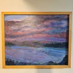 Framed Landscape Oil Painting On Canvas, Mountain Lake Scene 21x17