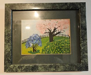 Signed Framed Spring Landscape Floral Painting Under Glass With Black Frame