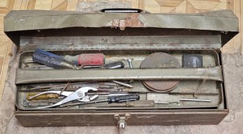 Vintage Union Metal Tool Box With Hand Tools- Wrenches, Screwdrivers, Drill Bits, Files & Hardware