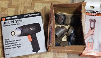 Hole Saw & Drill Accessory Lot- Black & Decker Drill Guide #71-055, Assorted Hole Saws & Heat 'N Strip 9752