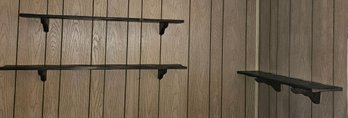Set Of 3 Rustic Dark Wood Wall Display Shelves With Decorative Brackets