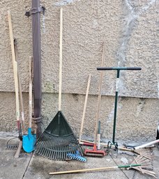 Assorted Garden Tool Lot, Rakes, Shovel, Cultivator, Leaf Rakes & Yard Tools