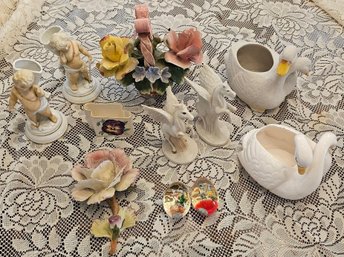 Capodimonte Floral Basket, Nanco Egg Paperweights, Pegasus, Swan Planters & Cherub Decor Lot