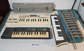 Lot Of 4 Vintage Electronic Keyboards, Hohner Melodica & Metal Xylophone