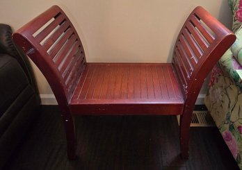 Wood Slat Entryway Bench With Curved Armrests & Reddish Brown Finish