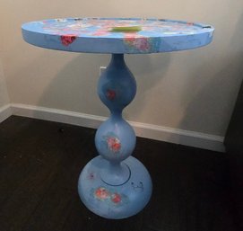 Hand Painted Blue Floral Accent Pedestal Side Table