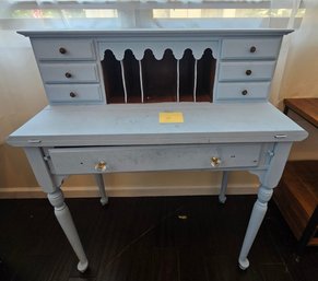 Vintage Secretary Desk Drop Front Writing Desk With Cubbies & Six Drawers Painted Blue