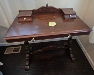 Antique Victorian Secretary Writing Desk With Turned Legs, Gallery Back & Crystal Style Drawer Pulls