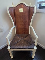 French Country Wingback Armchair With Rush Seat, Upholstered Back & Painted Wood Frame