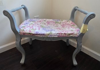 French Country Painted Vanity Bench With Floral Upholstered Seat & Scroll Arms