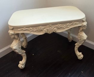 Ornate Cherub & Scroll Accent Coffee Table With Carved Cabriole Legs White Painted Finish