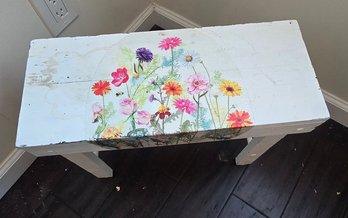 Handcrafted White Wooden Floral Accent Bench Rustic Garden Decor Painted Entryway Seat