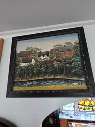 Original Framed Village Landscape Oil Painting On Canvas