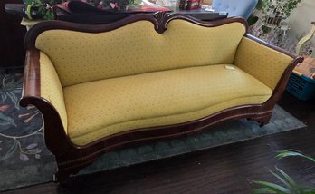 Vintage Carved Mahogany Camelback Sofa, Traditional Upholstered Settee, Chippendale Style Living Room Couch