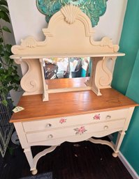 Vintage Cottage Style Vanity Dresser With Mirror Hutch, Floral Accent Drawers & Wood Top