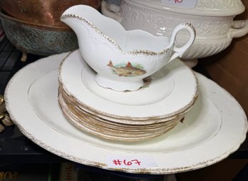 Vintage Fish Dinnerware Set - Gold Trimmed Porcelain Plates, Serving Platter & Gravy Boat Signed