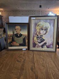 Framed Big Eye Girl Portrait Print, Framed Elderly Woman Portrait Print Wall Art Pair