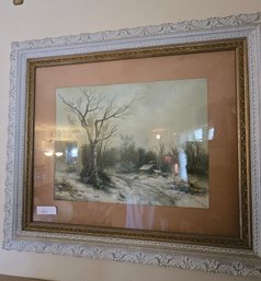 Signed C.M. Nichols Winter Landscape Painting In Ornate Frame Cabin Snow Scene Wall Art