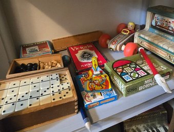 Large Vintage Games & Toys Lot Including Dominoes, Fisher-Price Piano, Chess, Draw Poker & Playing Cards