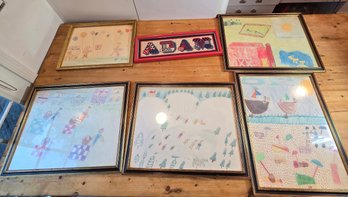 Collection Of Framed Children's Drawings & Needlework Wall Art