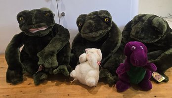 Lot Of 5 Plush Toys- Folkmanis Puppets Frogs, Barney & White Bunny