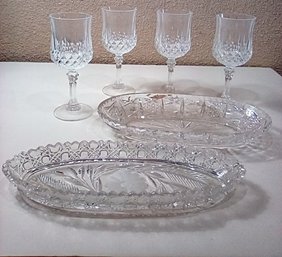 Vintage Cut Glass Serving Set- Lot Of 6 (4 Stemmed Glasses & 2 Oval Dishes)