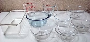 Pyrex Glass Kitchenware Lot- 8 Pieces (Measuring Cups, Bowls & Baking Dish)